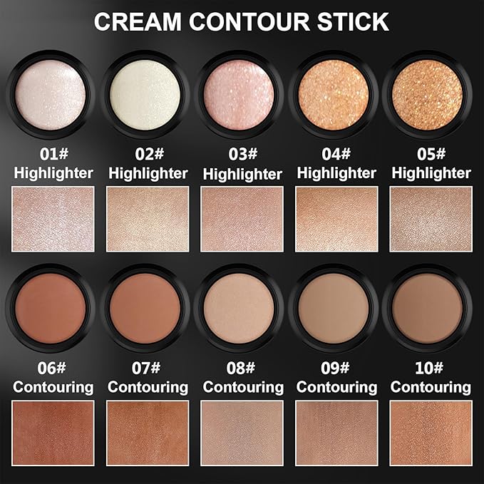 2Pcs Cream Contour Stick Makeup Kit, Cream Highlighter Stick and Bronzer Contour Stick with Longwear Waterproof Formula for Brightening and Trimming the Cheeks, Makeup Brush Include (#01, 06)-BrightBean Baby