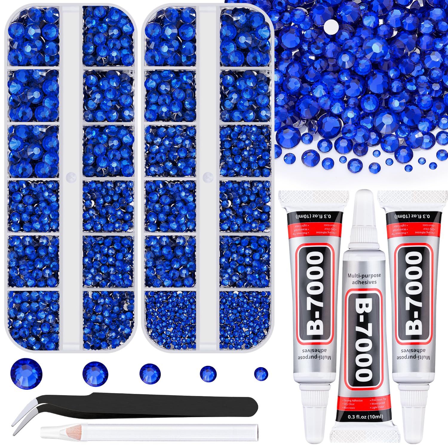 Resin Rhinestones for Crafting with B7000 Jewelry Glue, 2 Boxes Blue Rhinestones Flatback Crystals with 3Pcs 10ml Glue for Bedazzling Crafts DIY Nail Art Makeup, Gems for Clothing Shoes-BrightBean Baby