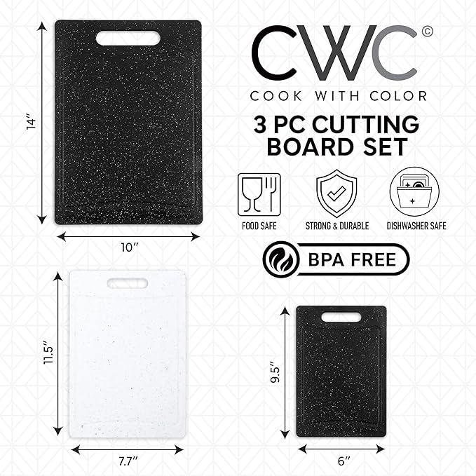 COOK WITH COLOR Non-Slip Cutting Board Set – Kitchen Essentials with Easy Grip Handle for Meat, Veggies, and Fruits, 3 Cutting Boards, Black/White