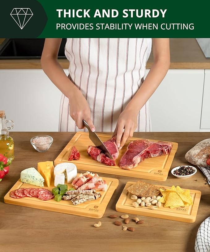 ROYAL CRAFT WOOD Wooden Cutting Boards for Kitchen Meal Prep & Serving - Bamboo Wood Serving Board Set with Deep Juice Groove Side Handles - Charcuterie & Chopping Butcher Block for Meat