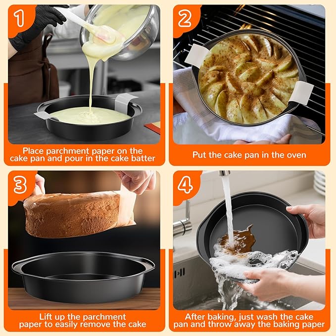 8 Inch Round Cake Pan with Handle, 3PCS Nonstick Cake Pans with 100 PCS Parchment Paper