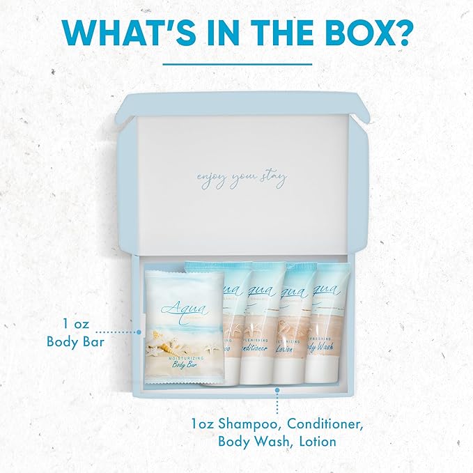 1-Shoppe All-In-Kit|Aqua Organics Amenity Kit|Boxed Hotel Toiletries|Bulk Set 1oz Travel Size Shampoo,Conditioner,Lotion,Body Wash & Bar Soap for Guest Hospitality AirBnB/Vacation Rentals|5 Pieces-BrightBean Baby