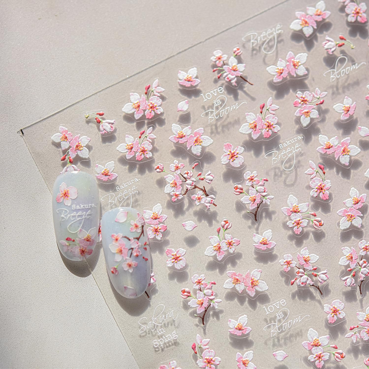 Cherry Blossoms Nail Art Stickers Pink White Flowers Nail Decals for Acrylic Nails 5D Embossed Self-Adhesive Flower Designs Nail Sticker Spring Summer Cute Floral Nail Decal for Women DIY Nail Decor-BrightBean Baby