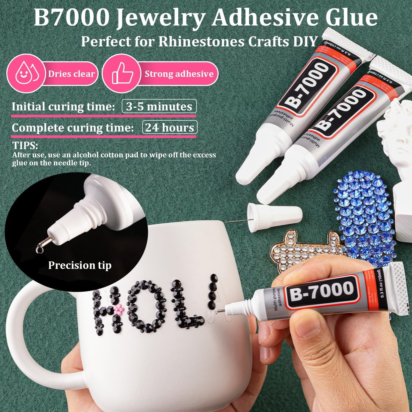 Resin Rhinestones for Crafting with B7000 Jewelry Glue, 2 Boxes Black Flatback Crystals with 3Pcs 10ml Glue for Bedazzling Crafts DIY Nail Art Makeup，Non Hotfix Gems for Clothing Shoes-BrightBean Baby