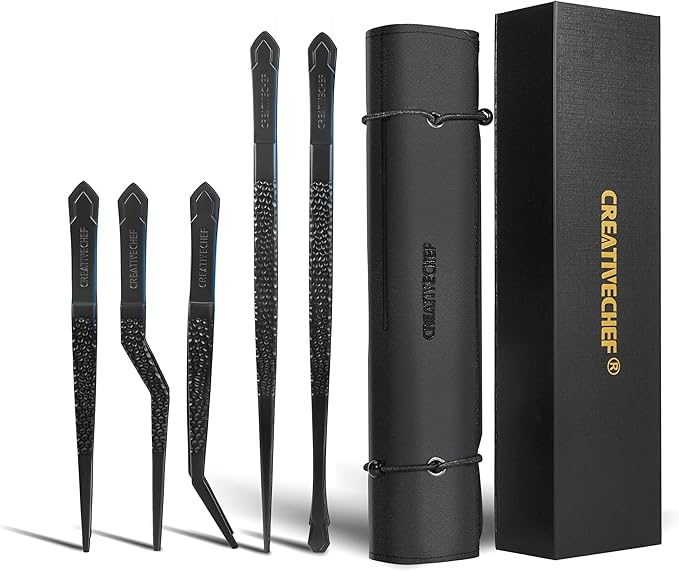 CREATIVECHEF Chef Tweezer Tongs, Professional Kitchen Tweezers, Precision Tweezer Tongs for Cooking, BBQ, Plating, Stainless Steel, Black (5)