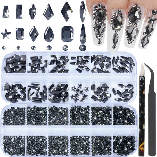 HNUIX Nail Rhinestones - 3D Multi Shape Size Crystal, Transparent Gray Nail Gems, Flat Back, with Kit, for Nail Art, DIY Decorations-BrightBean Baby
