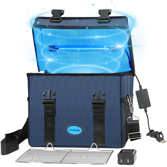 UVC Sanitizer Ozone Box with Timer, Foldable Large Cleaner UV Bag w/strap and USB Port, Portable UVC Light Tote 185nm wavelength for Mask, Cell Phone, Key, Towel 12L/3.17 gal-BrightBean Baby
