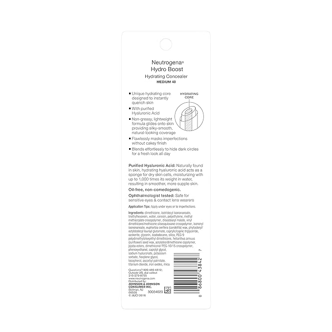Neutrogena Hydro Boost Hydrating Concealer Stick for Dry Skin, Oil-Free, Lightweight, Non-Greasy and Non-Comedogenic Cover-Up Makeup with Hyaluronic Acid, 40 Medium, 0.12 Oz-BrightBean Baby