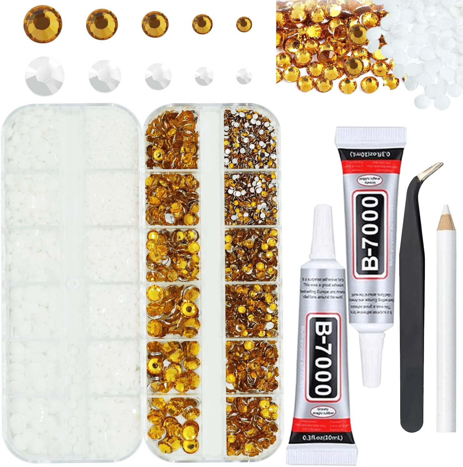 White And Gold Rhinestones with Glue(S8-S30) for Bedazzling,2mm-6mm Non-Hotfix Flatback Nail Gems Beads with B7000, Resin Nail GemsStones Diamond Kit for Bedazzle Crafting, Nails DIY Art Decoration-BrightBean Baby