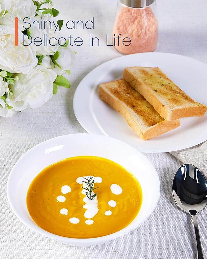 14 OZ (16 OZ MAX) White Opal Glass Cereal Bowl Set of 4, 6.5 inch Dishwasher & Microwave Safe Round Bowls for Soup, Salad and Rice