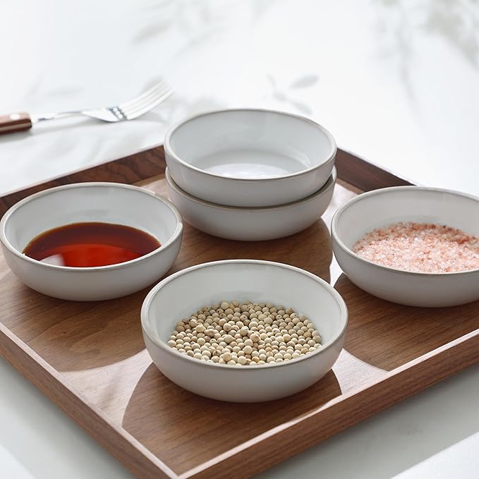 famiware Nature Ceramic Soy Sauce Dish, Dipping Bowls Set of 6, 3 oz Dipping Sauce Bowls/Dishes/Cups/Plates, Small Serving Bowls for Side Dishes, Condiments, Sushi, Appetizer, Dessert, Snowy White
