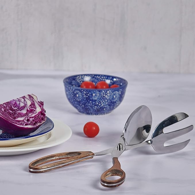 Folkulture Salad Tongs for Cooking | 11.5" Heat Resistant Kitchen Tongs, Salad Server or Metal Serving Utensil | Stainless Steel Cooking Accessory for Home, Buffet & BBQ | Wooden