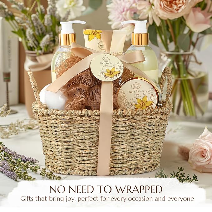 Bath and Body Warm Vanilla Sugar Spa Gifts for Women, with Shower Gel, Bubble Bath, Body Lotion, Bath Bomb, Bath Salt, Spa Basket Gift Set for Women, 7pcs Set Gifts-BrightBean Baby