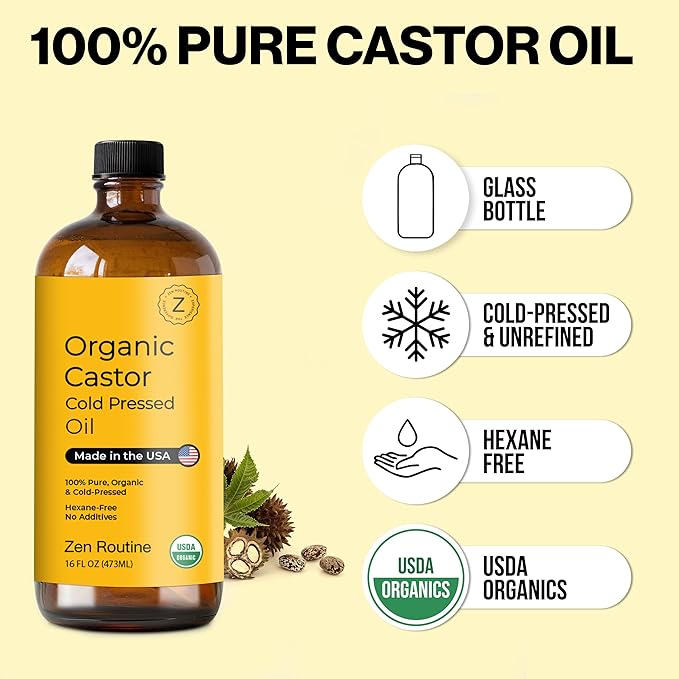 Zen Routine New (Glass Bottle) Organic Castor Oil 16oz – Hexane Free – Hair Growth Oil, Eye Lashes & Stomach, 100% Cold Pressed Unrefined Pure for Castor Pack Wrap – USDA Certified, Made in the USA-BrightBean Baby