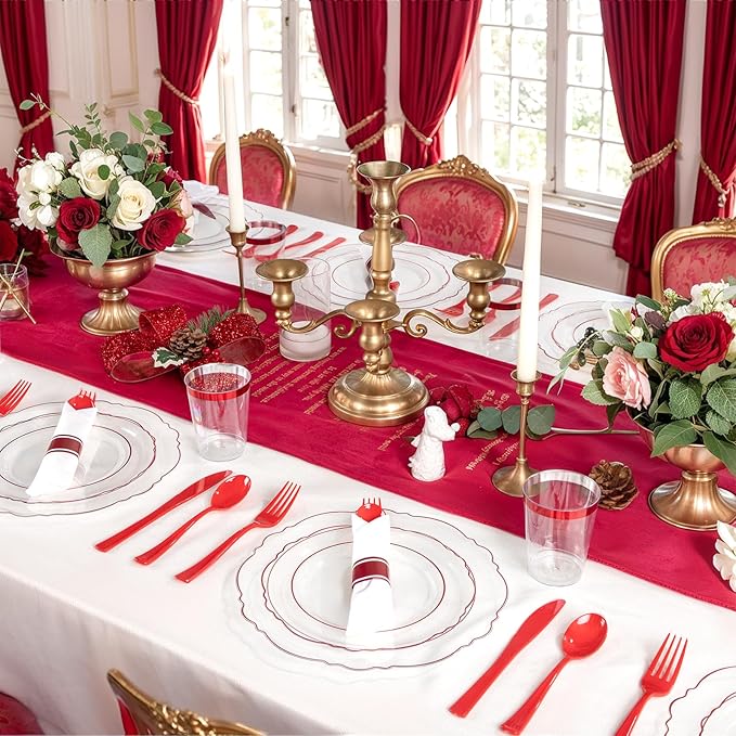 Liacere 400PCS Pre Rolled Red Silverware and Napkin - Disposable Red Plastic Utensils-Wrapped Plastic Cutlery Set with Napkin:100Forks,100Knives,100Spoons,100Napkins for Wedding＆Valentine＆Christmas