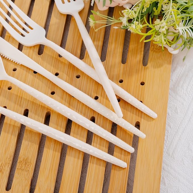 LIYH 150 Pcs Ivory Plastic Cutlery Sets - Ivory Plastic Silverware Heavyduty, Disposable Utensil Sets, 50 of Each Forks, Knives & Spoons Flatware Set for Party Birthday