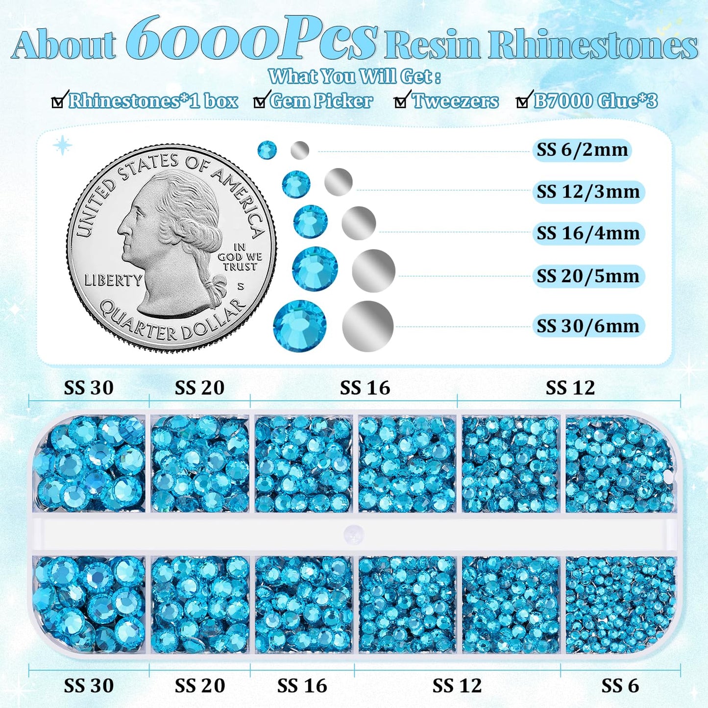 6000Pcs Resin Rhinestones for Bedazzling with 3Pcs B7000 Jewelry Glue, 1 Box Indicolite Flatback Rhinestones for Crafting Crafts DIY, Crystals Gems for Clothing Shoes Tumblers Nail Art Makeup-BrightBean Baby