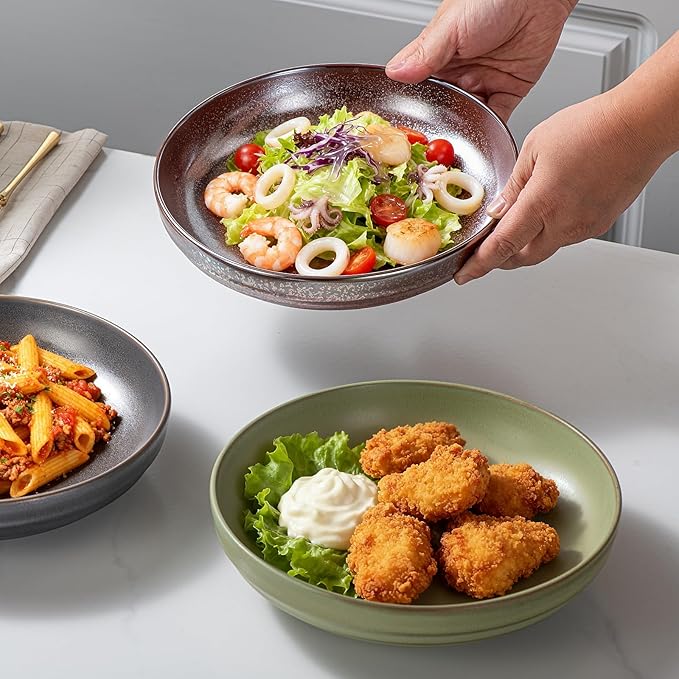 HAPPY KIT 9'' Large Pasta Bowls Set of 4, 42 Oz, Stoneware Reactive Glaze Salad Bowls, Ceramic Serving Bowls for Fruit,Soup,Noodle, Dinner, Scratch Resistant, Dusty Rose