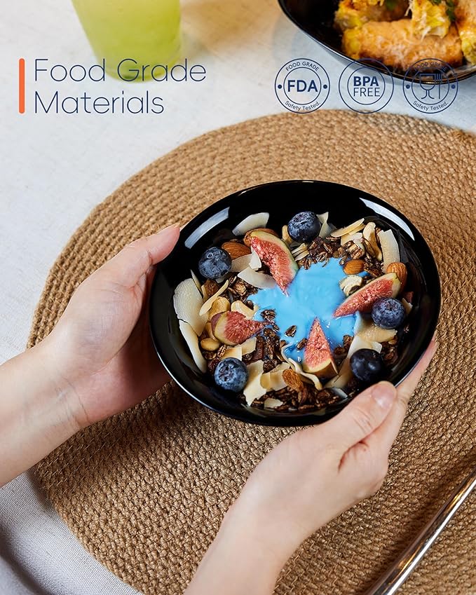 14 OZ (16 OZ MAX) Black Opal Glass Cereal Bowl Set of 6, 6.5 inch Dishwasher & Microwave Safe Round Bowls for Soup, Salad and Rice