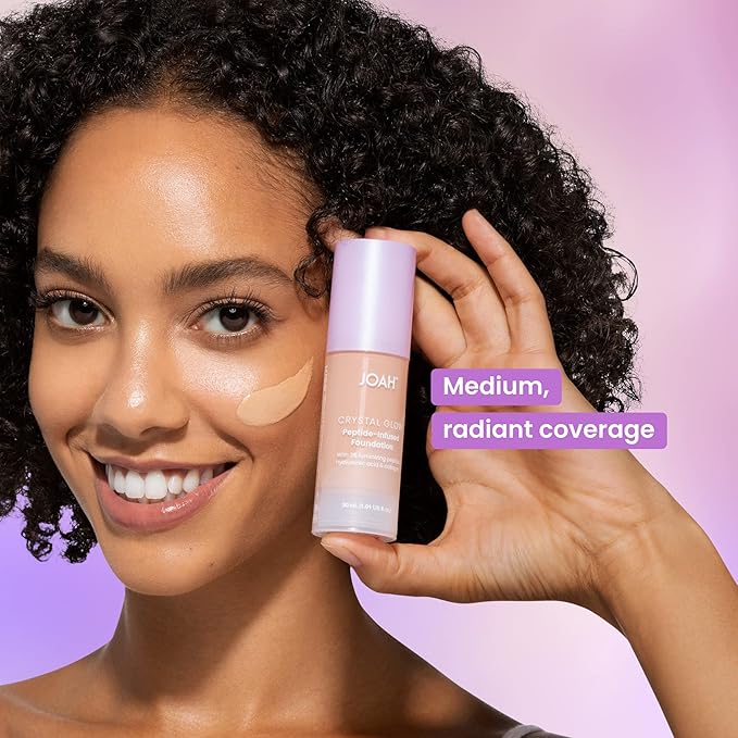 JOAH Crystal Glow Peptide-Infused Foundation, 2-in-1 Multitasking Korean Makeup with Blurring Face Primer, Luminizer, Hydration & Skin Defense for a Flawless Finish, 1.01 Oz, Light Medium Cool-BrightBean Baby