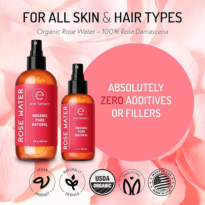 Eve Hansen Organic Rose Water Spray for Face | Huge 8 oz Moroccan Rosewater Face Toner and Makeup Setting Spray | Soothing Neck and Face Mist to Reduce Eye Puffiness, Dark Circles and Redness-BrightBean Baby