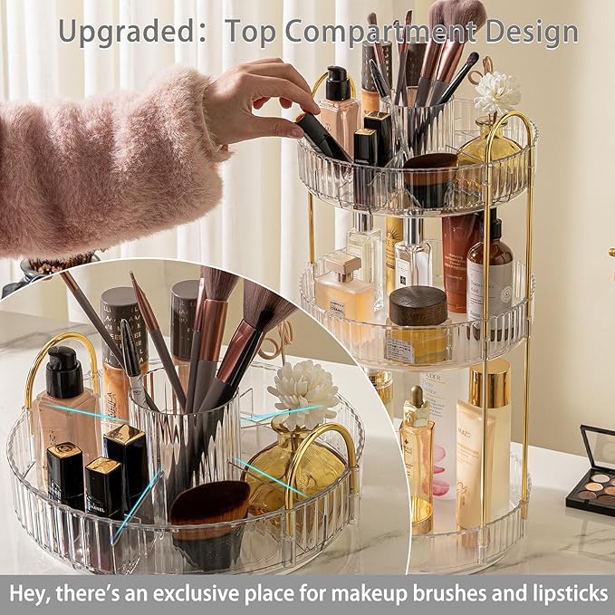 Rotating Makeup Organizer for Vanity, High-Capacity Skincare Clear Make Up Storage Perfume Organizers Cosmetic Dresser Organizer Countertop 360 Spinning (Clear, New-3 Tier)-BrightBean Baby