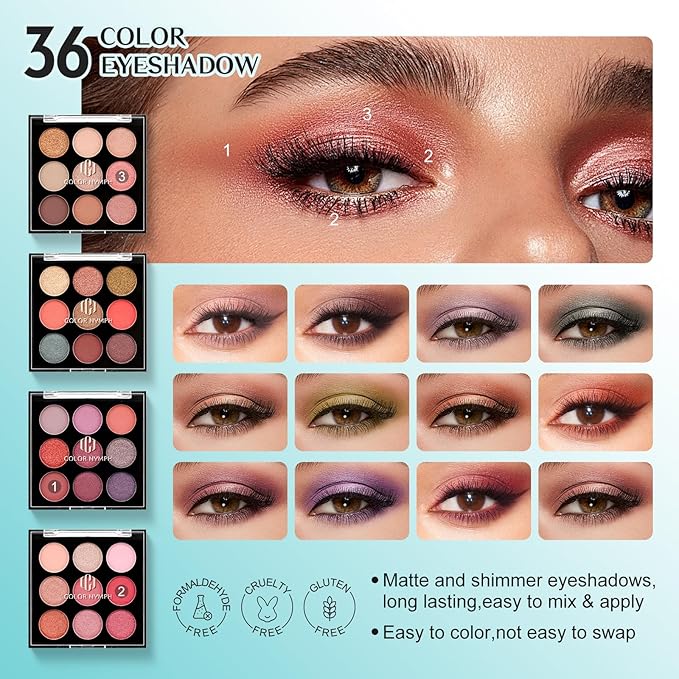 Color Nymph All In One Makeup Kit Comestics Gifts for Girls Teens, Travel Makeup Set 4 Trays Train Case for Beginner Includes Eyeshadow Highlighter Lipgloss Blush Concealer Brush Eyeliner Lipbalm-BrightBean Baby
