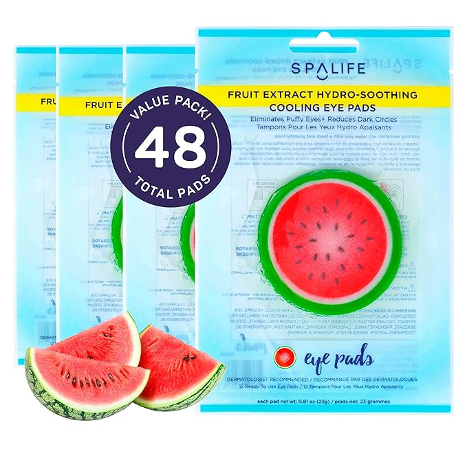 SpaLife Watermelon Cooling Eye Pads, 48 Hydrating Under Eye Patches for Puffiness, Dark Circles, and Tired Eyes, Infused with Hyaluronic Acid, Glycerin, and Vitamin C, Fruity Scent-BrightBean Baby