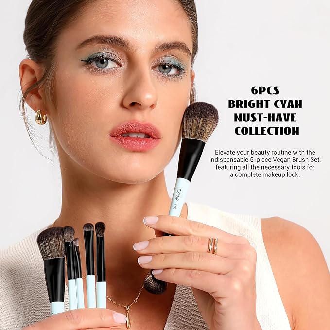 Jessup Makeup Brush Set 6pcs Double Sided Makeup Brushes Foundation Contour Blush Highlight Blending Eyebrow Brush Eyeshadow Brush, Vegan Fiber Make up Brush Bright Cyan T501-BrightBean Baby