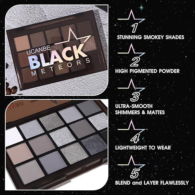 UCANBE Smokey Black Eyeshadow Palette, 15 Colors Dark Shimmer Matte Metallic Makeup Pallet, High Pigmented Gray Silver Sombras De Ojos Kit for Daily and Halloween-BrightBean Baby