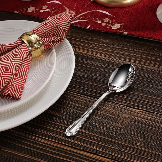 KEAWELL Pearl Edge 4-Piece Premium Spoon Set, 18/10 Stainless Steel, Fine Silverware Spoons with Refined Bead Design, Brightly Polished, Dishwasher Safe (Silver, 6.3" Condiment Spoons)