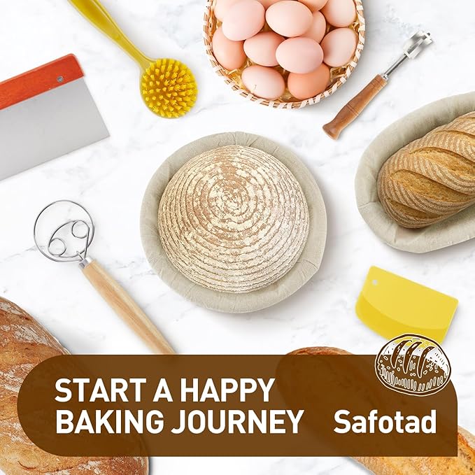 Banneton Bread Proofing Basket, Sourdough Starter Kit with 9" Round & 10" Oval Bread Proofing Basket, Bread Lame, Brushs, Spatula, Scraper, Dough Whisk, Flour Duster & Stencils