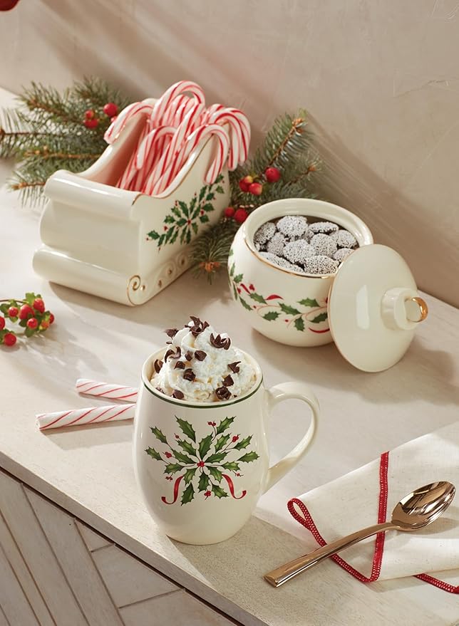 Lenox Coffee Mug, 18 Oz Holiday Cocoa Mug Set, Stoneware Material, Microwave and Dishwasher Safe, Christmas Holly Drinkware Set, Christmas Decorations, Holly Design (Red/Green, 18 Oz, 1 Piece)