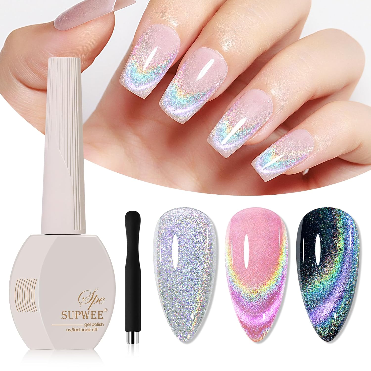 Rainbow Cat Eye Gel Polish - 15ml Holographic 9D Cat Eye with Magnetic Stick for a Glittery Iridescent Galaxy Effect Soak Off UV Lamp Perfect for Nail Art & DIY Manicures at Home-BrightBean Baby