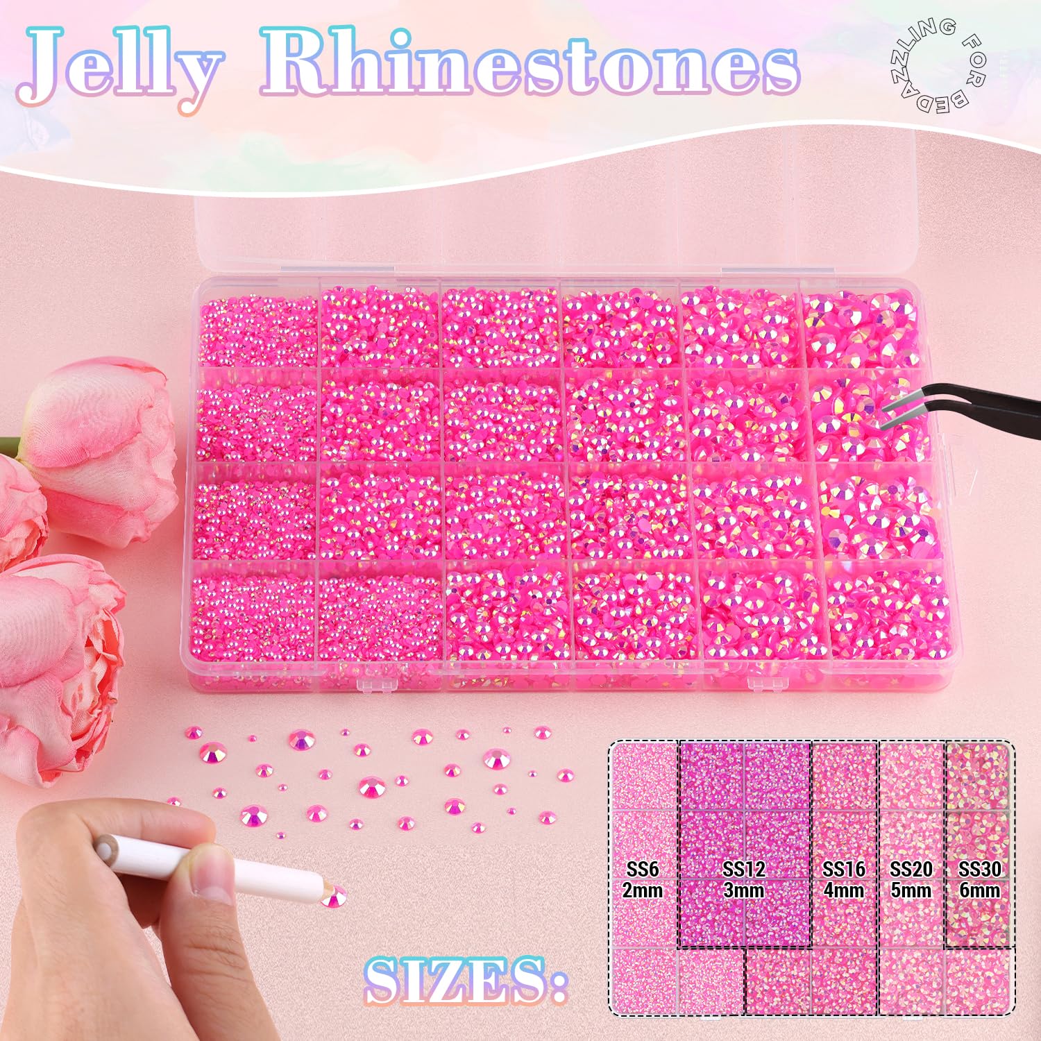 25000Pcs Resin Jelly Rhinestones with Tweezers for Crafting, 2-6mm Mixed Sizes (Hot Pink AB) Non Hotfix Flatback Gems, Bedazzling Crystal for DIY Crafts Clothing Tumblers Mugs Shoes Decor Nail Art-BrightBean Baby