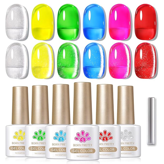 Born Pretty Neon Jelly Gel Nail Polish Glass Crystal Spring Summer Transparent Ice Jelly Gel Polish with Silver Holographic Glitter Cat Magnetic Eye Gel Polish Collection Minicure DIY Gifts 6PCS-BrightBean Baby
