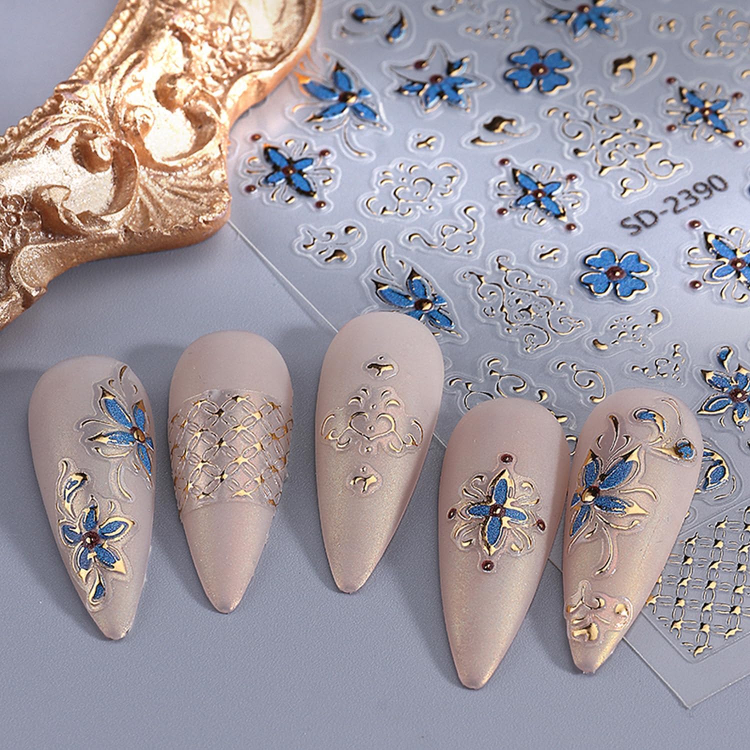 5 Sheets Bohemian Style Nails Art Stickers 3D Self-Adhesive Relief Nails Stickers Stars Moon Sun Golden Butterfly Flower Nail Decal Supplies Women's DIY Bohemian Nail Art Decoration-BrightBean Baby