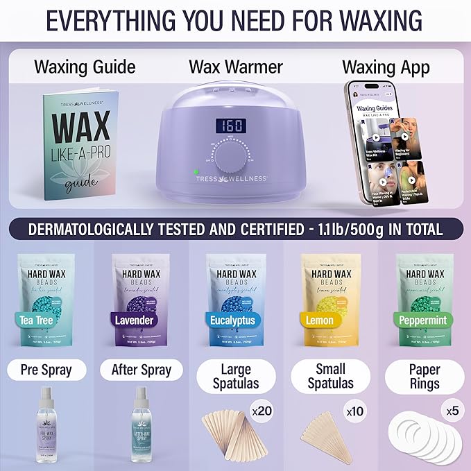 Tress Wellness Waxing Kit for Sensitive Skin – Safe for Face & Skin, Prep & Aftercare Spray, Easy to Use – At-Home Kit for Face, Bikini, Brazilian & Full Body - Digital Display, Purple-BrightBean Baby