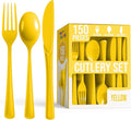 Party Solids Yellow Plastic Silverware Heavy Duty 150 Pieces Yellow Plastic Cutlery Sets, Utensil Sets, 50 Of Each Forks, Knives & Spoons Disposable Cutlery Set, Flatware Set For Party Supplies