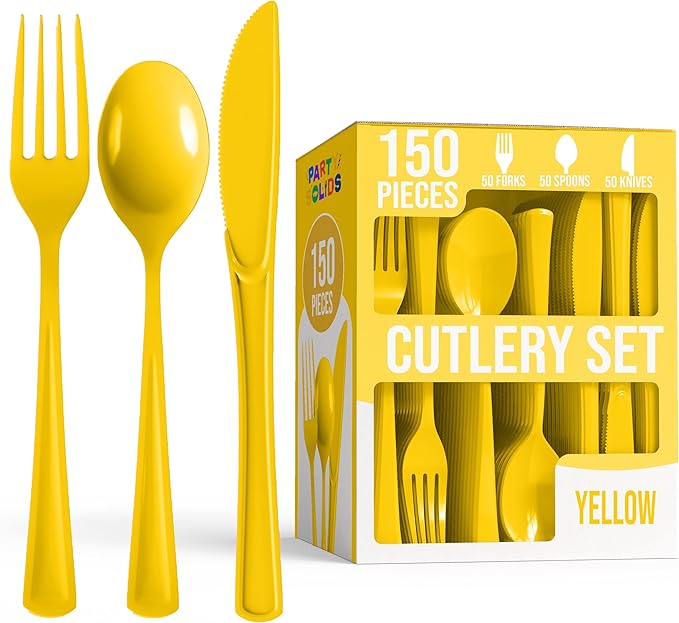 Party Solids Yellow Plastic Silverware Heavy Duty 150 Pieces Yellow Plastic Cutlery Sets, Utensil Sets, 50 Of Each Forks, Knives & Spoons Disposable Cutlery Set, Flatware Set For Party Supplies