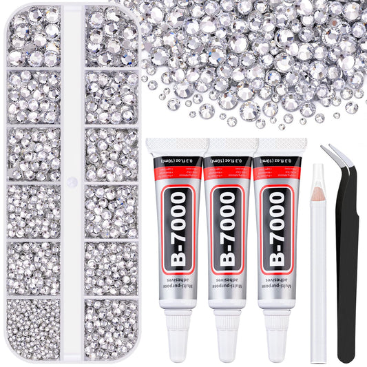 6000Pcs Resin Rhinestones for Bedazzling with 3Pcs B7000 Jewelry Glue, 1 Box Clear Flatback Rhinestones for Crafting Crafts DIY, Crystals Gems for Clothing Shoes Tumblers Nail Art Makeup-BrightBean Baby