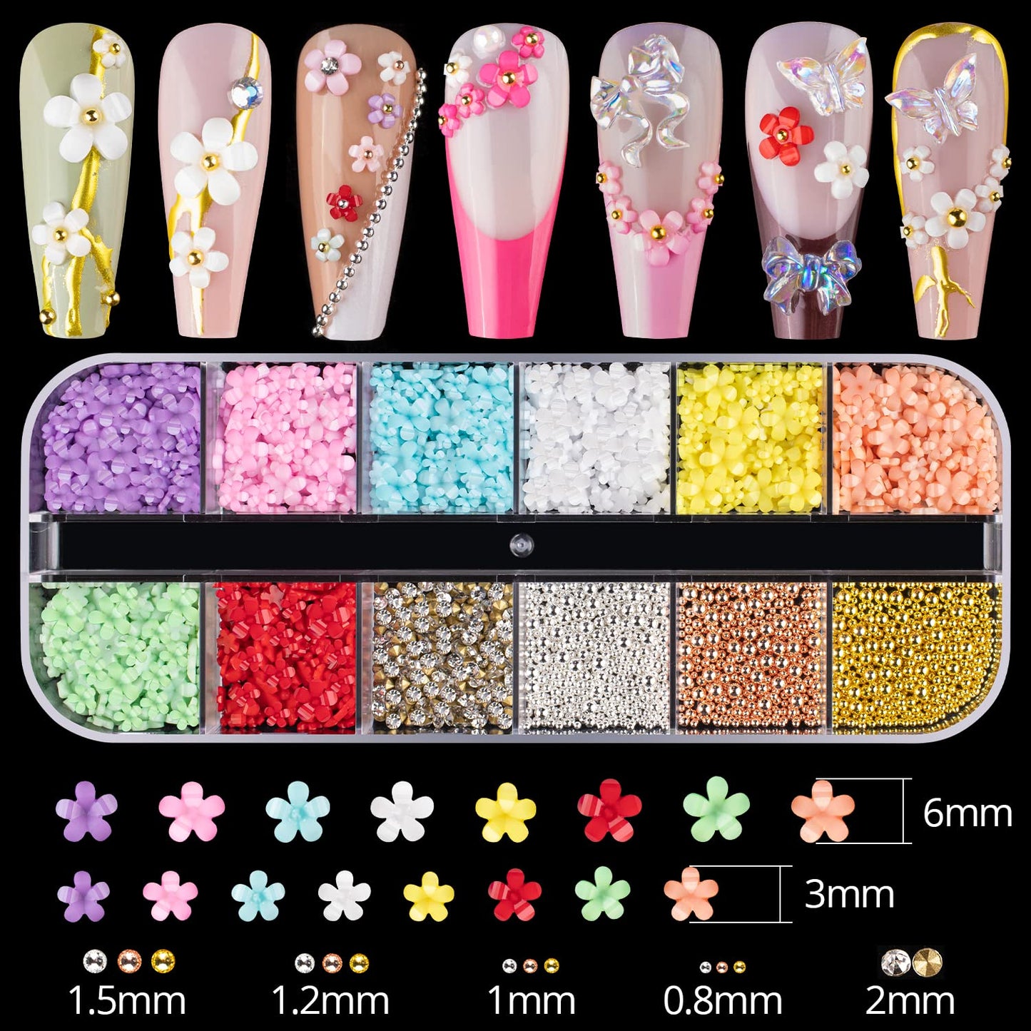 Mixed 3D Nail Art Gem Decoration Accessories Kit #2, Aurora Bear Bow Butterfly Starry AB Rhinestone Charm Jewelry for Deco, Pearl Flower Caviar Bead Stone Crystal with Dual-End Brush and Tweezer-BrightBean Baby