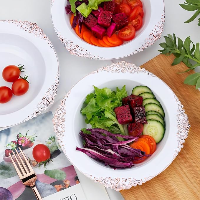 Nervure 50PCS White Plastic Bowls with Rose Gold Rim - 12oz White Disposable Soup Bowls, Heavy Duty Salad Ice Cream Bowl Perfect For Weddings, Parties and Everyday Use