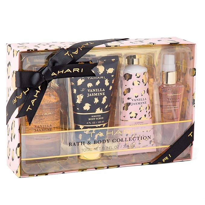 Tahari Spa Gift Set for Women, Vanilla Jasmine Spa Set, Bath Kit for Women Gift Set Includes Body Lotion, Body Wash, Hand Cream, Lotion Gift Set for Women, Birthday Gifts For Women - (Leopard)-BrightBean Baby