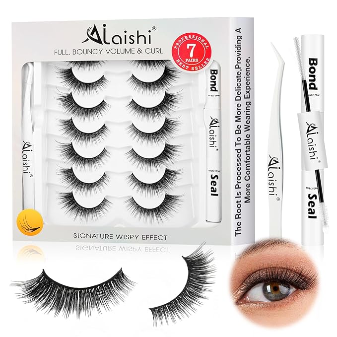 Wispy False Eyelashes Kit With Bond, Seal and Tweezer, 7 Pairs Natural Look Fake Cat Eye Lashes Strips Thin Band Extensions Waterproof Easy Eyelashes for Beginners RQ10-BrightBean Baby