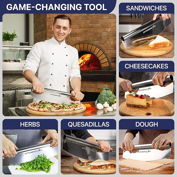 KitchenStar 18-Inch Pizza Cutter Rocker Blade - Sharp Stainless Steel Slicer Knife, Protective Cover, Dishwasher Safe, Extra Large - Commercial Pizza Oven Accessories