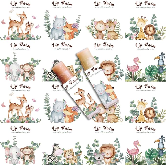 CRASPIRE 80Pcs 8 Styles Lip Balm Sticker Animals Self-Adhesive Cartoon Monkey Lion Homemade Lip Balm Containers Labels Vintage Square DIY Label Paper Sticker for Woman Cosmetics Lipsticks Decor-BrightBean Baby