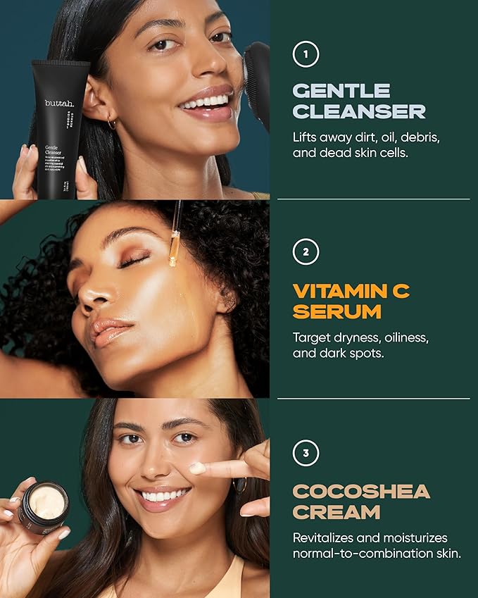 Buttah Skin Transforming Kit for Melanin Rich Skin | CocoShea Revitalizing Cream 2 oz | Vitamin C Serum 1 oz | Buttah Cleanser 3.4 oz | Black Owned Skincare-BrightBean Baby