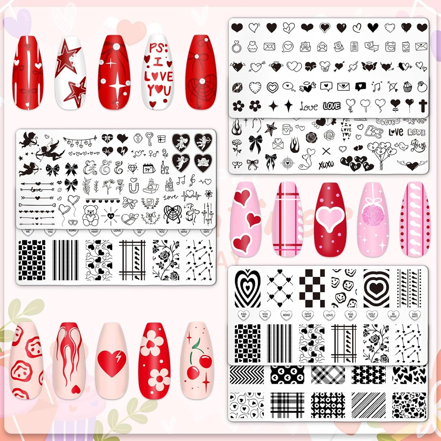 Whaline 6Pcs Happy Valentine Nail Plates Stamping Set Love Heart Stamp Templates Nail Art Plates for DIY Print Manicure Salon Design-BrightBean Baby