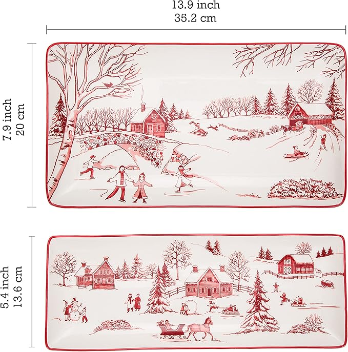 Bico Toile De Jouy Winter Wonderland Ceramic 14 inch Rectangular Serving Platter, Set of 2, for Serving Salad, Pasta, Cheese, Ham, Appetizer, Microwave & Dishwasher Safe